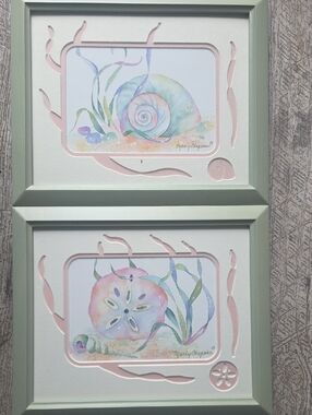 Framed Pastel Seashell Watercolor Print - Mint & Pink